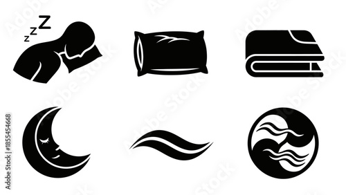 Collection of black silhouette icons representing sleep, comfort, and relaxation, including a sleeping person, pillow, blanket, moon, and wavy symbols.
