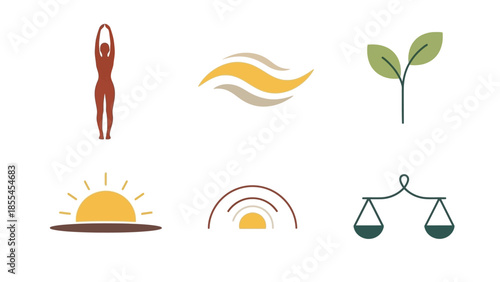 A collection of six minimalist icons representing wellness, nature, balance, and new beginnings, including a yoga pose, leaves, sunrises, and scales.