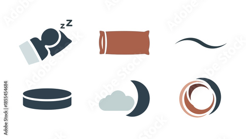 Collection of sleep and comfort related icons including a sleeping person, pillow, moon, and mattress.