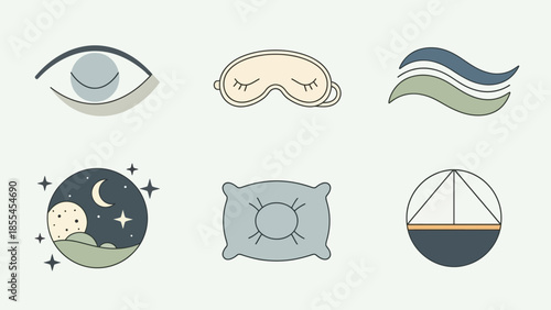 A collection of minimalist vector icons illustrating various aspects of sleep, rest, and a peaceful night's environment.