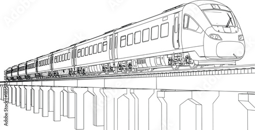 Modern High Speed Passenger Train Traveling on Elevated Concrete Bridge Viaduct Black and White Vector Illustration Sketch