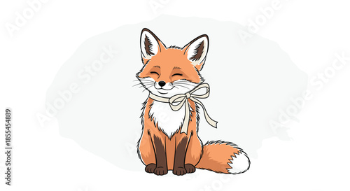 A charming cartoon red fox with closed eyes and a happy smile, sitting politely with a lovely cream-colored ribbon tied in a bow.