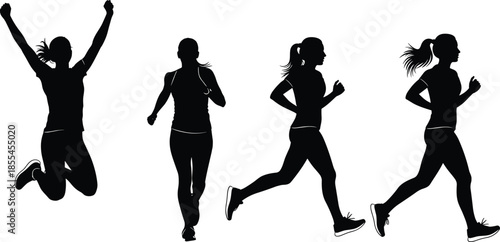 Athletic Silhouette Sequence of Female Runner in Motion Capturing Jumping, Jogging, and Dynamic Running for Fitness and Sports Design