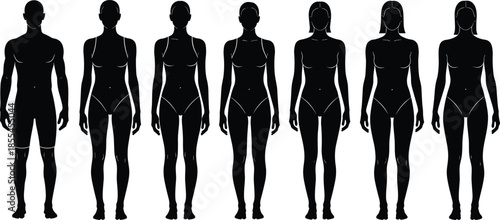 Black Silhouette Human Figures Displaying Diverse Female and Male Body Shapes for Anatomy, Fashion Design, Health, and Morphology Studies