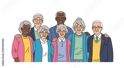 A diverse and happy group of elderly men and women standing together with their arms around each other, smiling warmly.