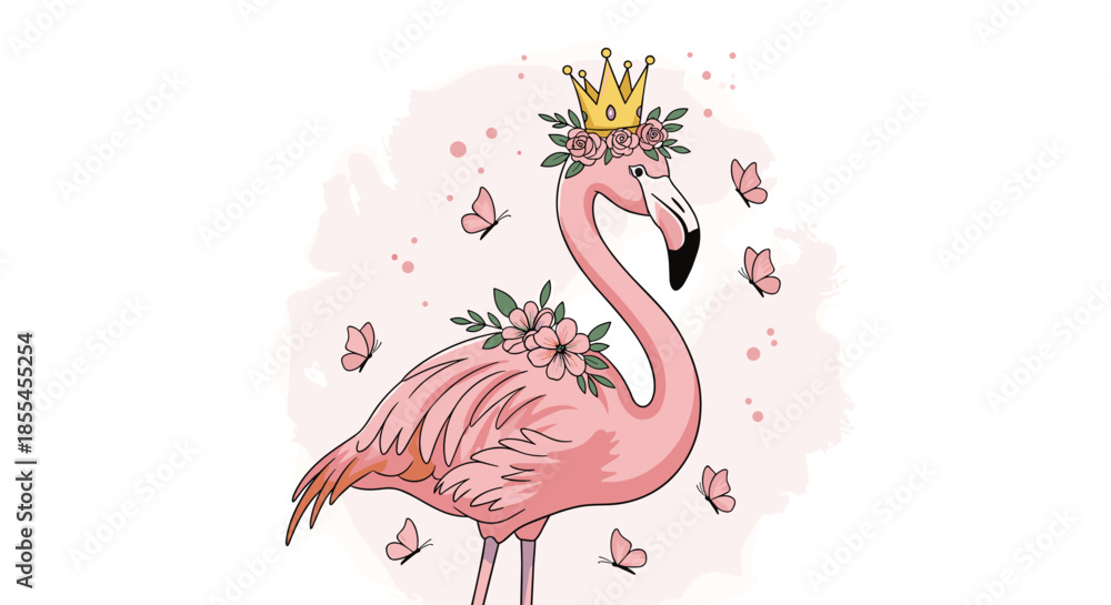 Naklejka premium A majestic pink flamingo wearing a golden crown and a floral wreath, surrounded by delicate pink butterflies on a watercolor background.