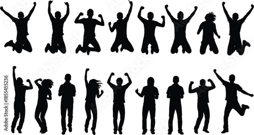 Energetic group of diverse people jumping and celebrating in silhouette style, expressing joy, teamwork, success, and positive human emotions.