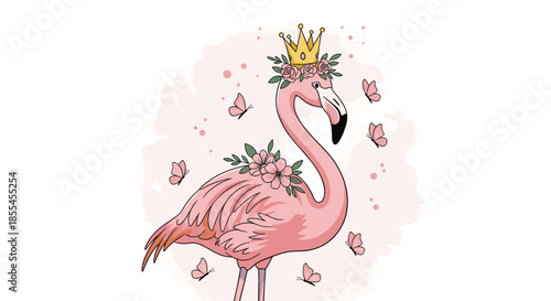 A majestic pink flamingo wearing a golden crown and a floral wreath, surrounded by delicate pink butterflies on a watercolor background.