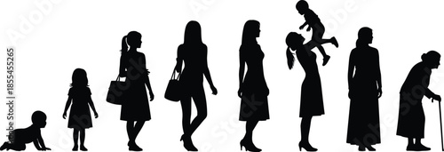 Female life stages silhouette showing woman aging from baby to elderly, motherhood journey, family growth, human lifespan concept illustration