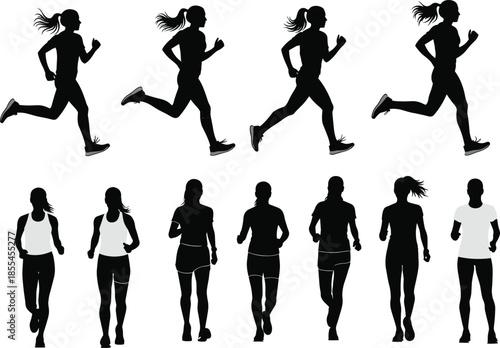 Female runner silhouettes set in motion, jogging and running poses isolated on white background, fitness workout sport illustration concept
