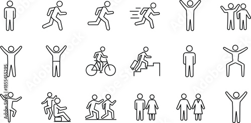 Minimal Line Icons of Human Figures in Motion and Interaction for UI Design, Signage, Fitness, Education, and Activity Concepts