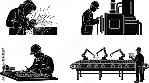 Industrial manufacturing process illustration showing welding machining assembly and robotic automation workers in modern factory production environment silhouette