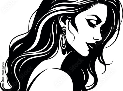 Black and white illustration of a woman with long hair and earrings