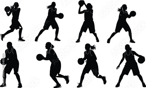 Silhouette basketball players in dynamic action poses set isolated on white background for sport training and motion concepts