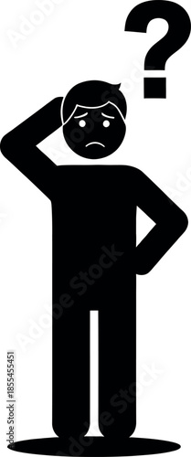A cartoon man scratching his head with a question mark above him