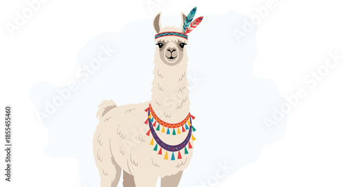 A cute cartoon llama with a bohemian and tribal style, wearing a colorful necklace and a headband with decorative feathers.
