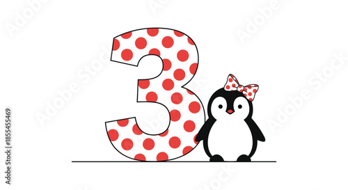 An adorable cartoon penguin with a polka-dot bow stands next to the number three for a child's third birthday celebration.