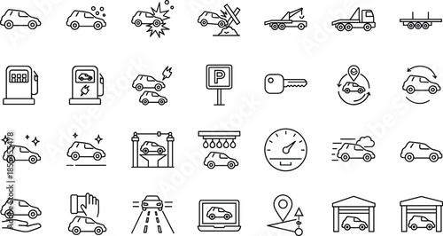 Automotive Service and Transportation Line Icons Set Featuring Cars Parking Repair Insurance Navigation Safety and Maintenance Outline Vector Illustration Collection
