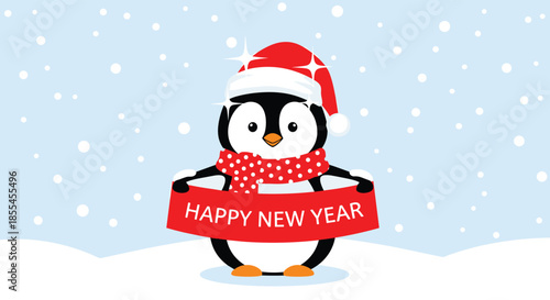 A cheerful cartoon penguin in a Santa hat and scarf holds a red banner with a 'Happy New Year' message in a snowy scene.