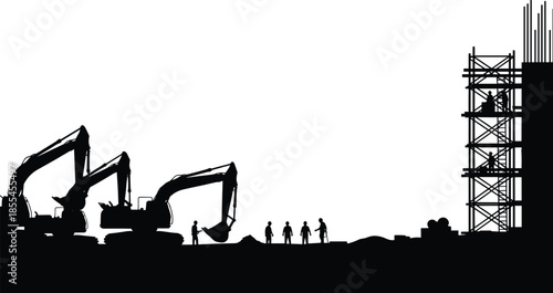 Silhouette of construction workers and excavators at active building site with scaffolding, heavy machinery, teamwork, and urban infrastructure development