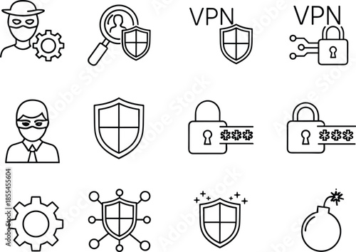 Cyber security and VPN protection line icons set featuring hackers, encryption, secure access, privacy shields, network defense, and safety systems