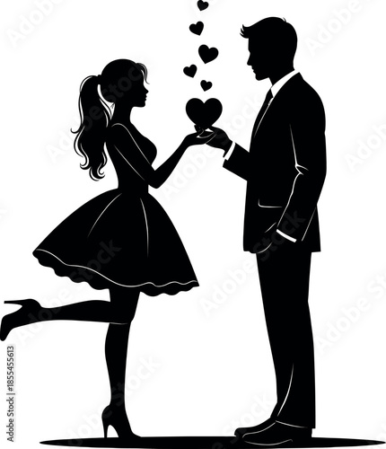 Black silhouette of a romantic couple exchanging a heart on a