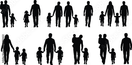 Silhouettes of Diverse Family Groups Including Parents and Children in Various Poses Representing Modern Family Structures and Relationships