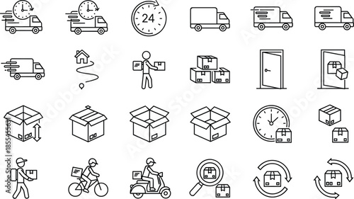 Delivery and logistics line icons set featuring fast shipping trucks, courier services, package tracking, warehouse handling, and last mile distribution