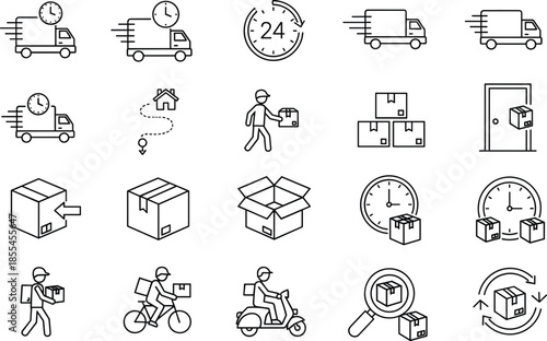 Delivery and logistics line icons set featuring fast shipping, courier services, package tracking, warehouse handling, and last mile distribution