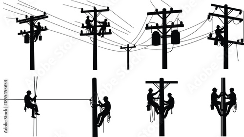 Silhouettes of Electrical Linemen Working on Utility Poles and Power Lines, Illustrating Safety, Maintenance, and Energy Infrastructure Operations