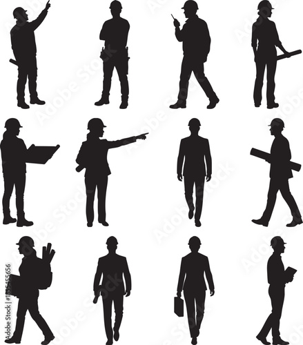  Construction Worker Silhouettes Set in Multiple Professional Poses Isolated on White Background