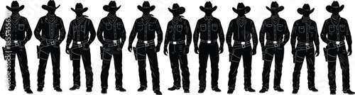 Silhouettes of ten cowboys in traditional Western attire standing in a row, symbolizing unity, culture, and frontier heritage