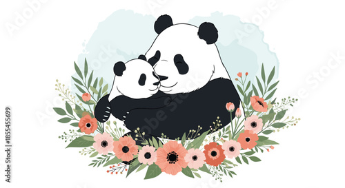 A heartwarming illustration of a mother panda lovingly hugging her baby cub, surrounded by a beautiful wreath of pink flowers.