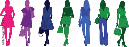 Stylized Silhouettes of Fashionable Women in Colorful Outfits with Handbags – Modern Style, Diversity, and Trendy Urban Fashion Concept