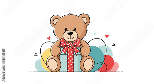 A sweet teddy bear with a red polka-dot ribbon sits behind a gift box, set against a colorful abstract background with hearts.