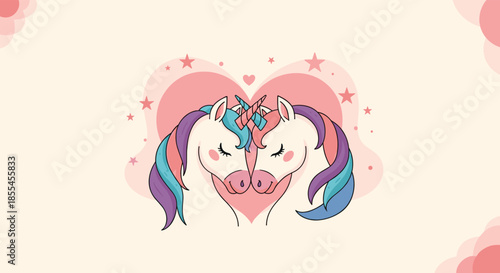 A romantic illustration of two unicorns in love, touching heads to form a heart shape with a pink background full of stars.