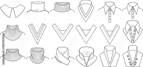 Vector line art collection of fashion collars and necklines isolated on white background for clothing design reference illustration