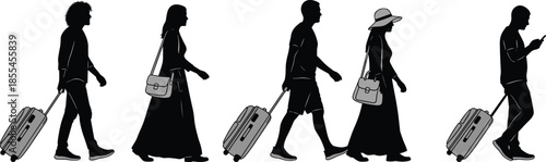 Travelers silhouettes with luggage walking in line showing tourism, commuting, journey movement and modern travel lifestyle illustration concept
