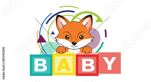 A cute cartoon fox peeks over colorful toy blocks that spell out the word BABY, against an abstract geometric background.