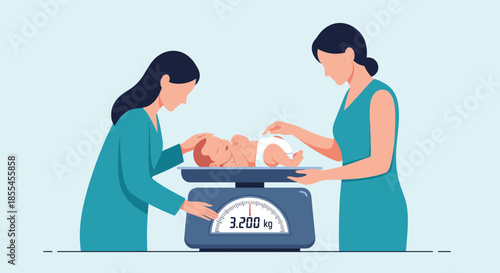A pediatrician and a nurse or mother carefully weighing a newborn baby on a digital scale to check its health and growth.
