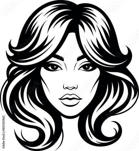 Black and white illustration of a womans face with long wavy hair