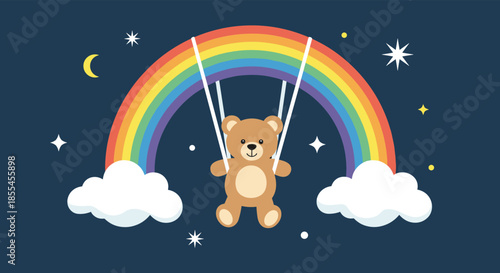 A cute teddy bear on a swing hanging from a colorful rainbow in a starry night sky with clouds and a crescent moon.