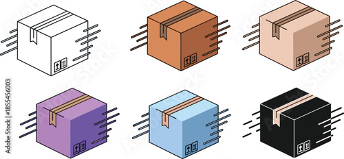 Isometric cardboard box delivery illustration set showing fast shipping packages in multiple colors for logistics, ecommerce, and courier services