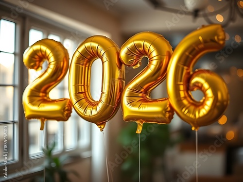 2026 new year gold balloons floating in a room