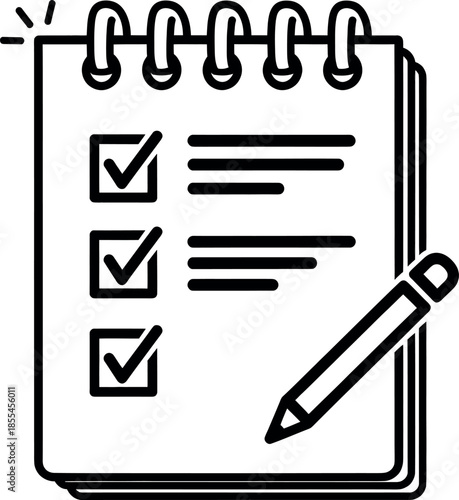 A black and white illustration of a notepad with checklist and pencil