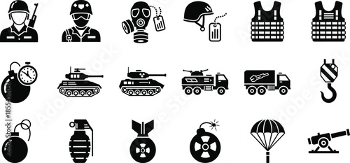 Military and war equipment silhouette icons set featuring soldiers, tanks, weapons, armor, explosives, protection gear, and combat symbols