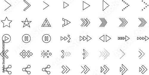 Minimal arrow and play button icon set with geometric navigation symbols for media controls, interfaces, apps, and web design