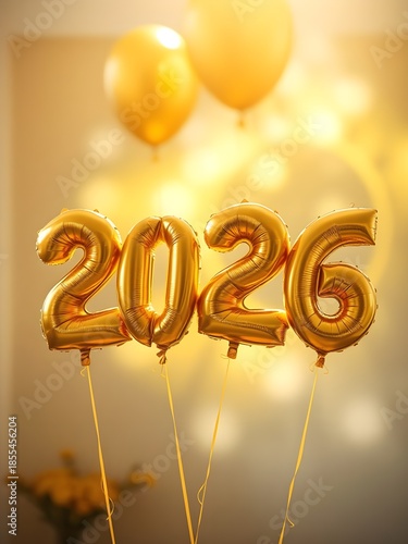 2026 new year gold balloons floating in a room