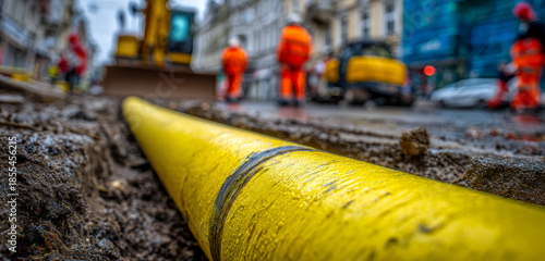 Wallpaper Mural A yellow plastic water pipe lying on a construction site with workers and vehicles in the background Torontodigital.ca