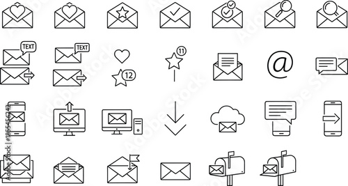 Outline email and messaging icon set with envelopes, inbox, notifications, cloud sync, mobile and web communication symbols design